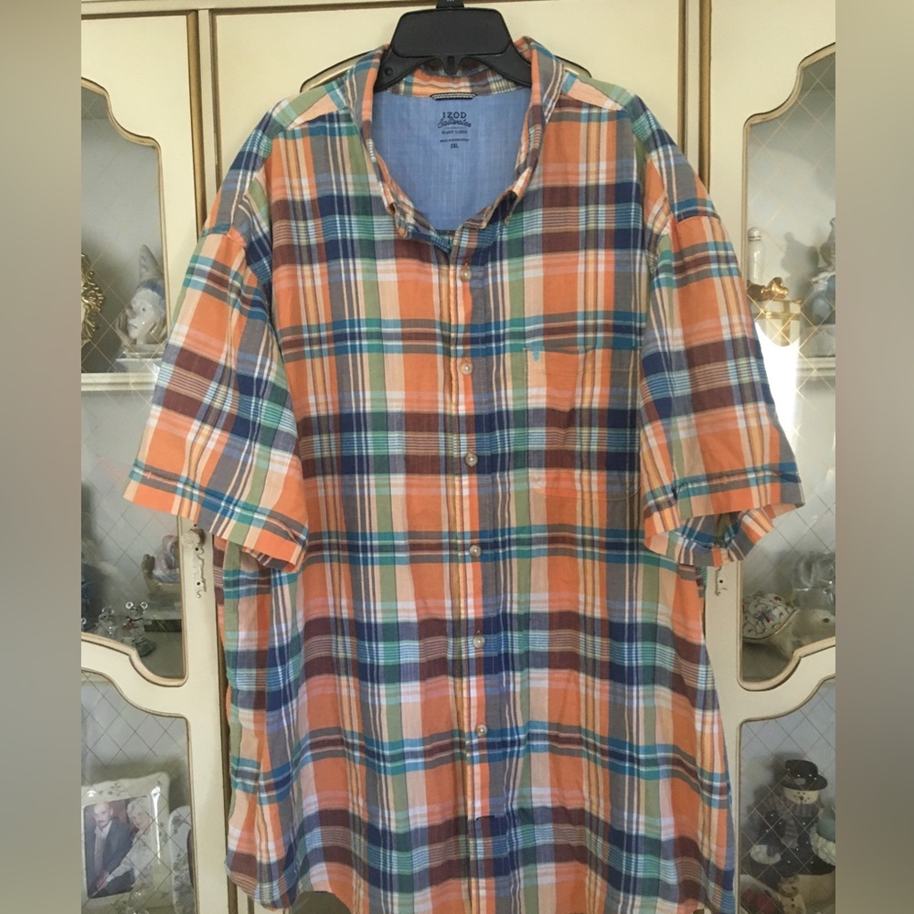 IZOD great condition mens orange/blue plaid shirt size 3XL. C:509-5/19/26